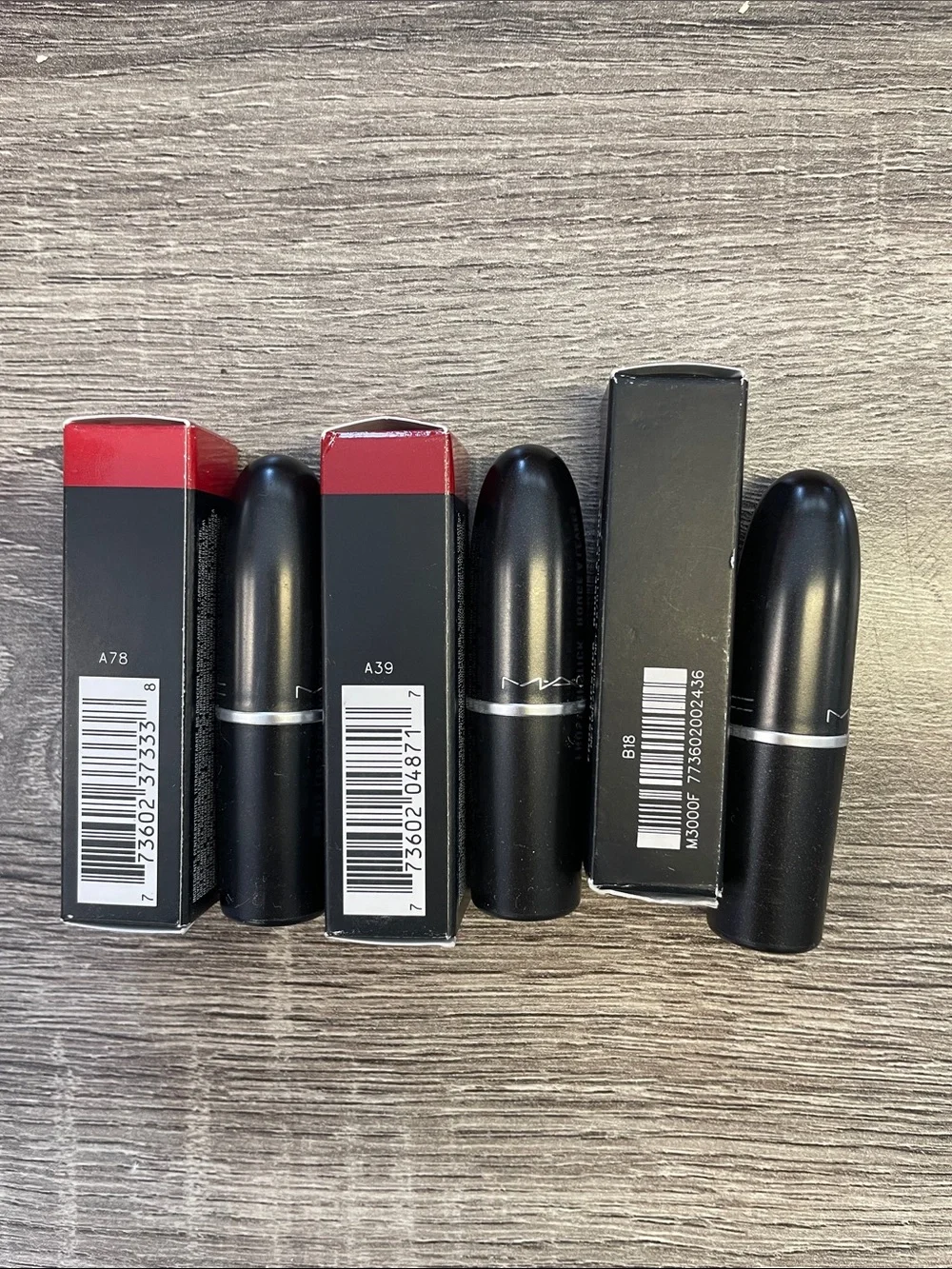 MAC Cosmetics Lipstick Set — Bright Red, Classic Cherry, Coral Orange